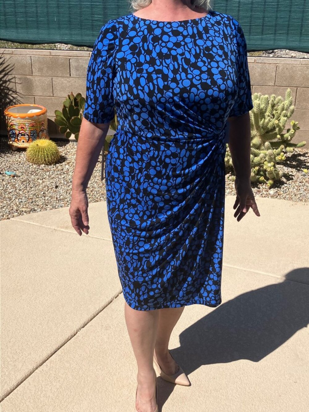London Times Women Black and Blue Circle Short Sleeve Long Dress 1X